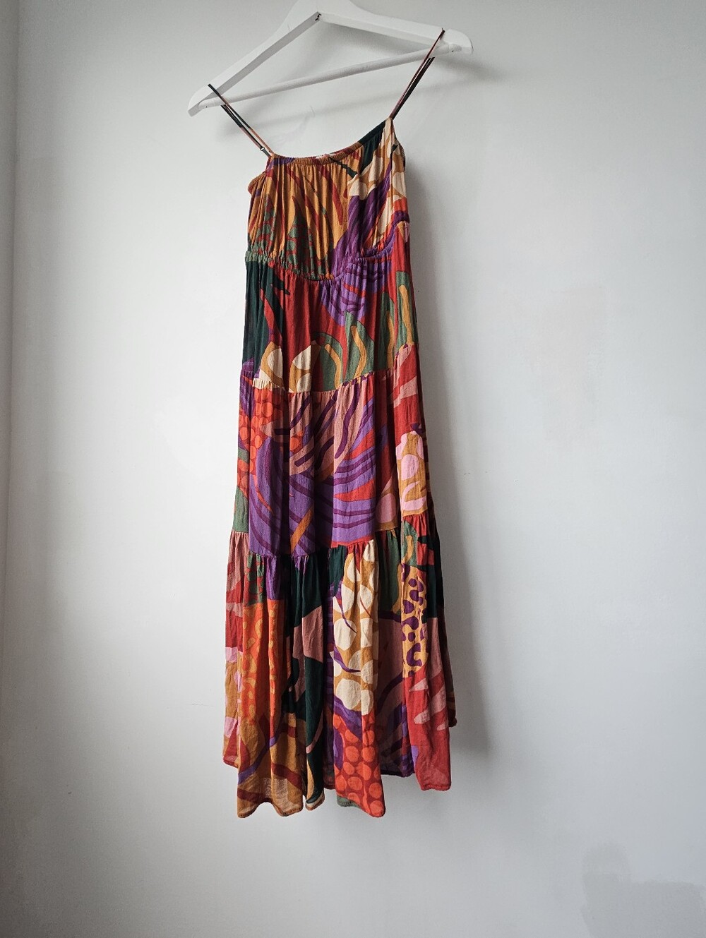 Farm Rio Mixed Colorful Print Embellished Tie Shoulders Knee Lenth Flowey Dress - Picture 2 of 11
